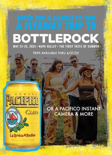 enter for a chance to win a flyaway trip to bottlerock music food napa vally wine brew trips available thru 4/27/25 or a pacifico instant camera & more